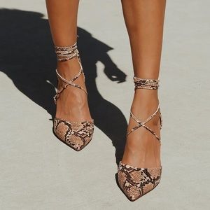 Marie Tan Snake Print Lace-Up Heels